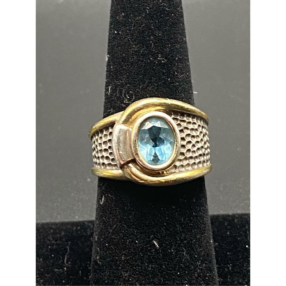 Sterling silver 925 wrap around buckle fold over ring oval topaz textured w/gold